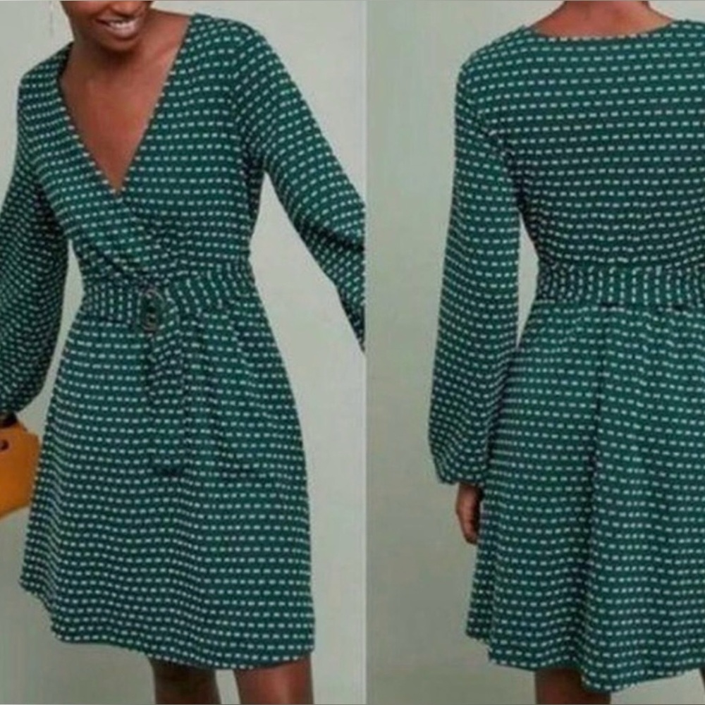 Anthropologie x Maeve-Forest Green Malta belted dress with white polka dots.S - Picture 5 of 12